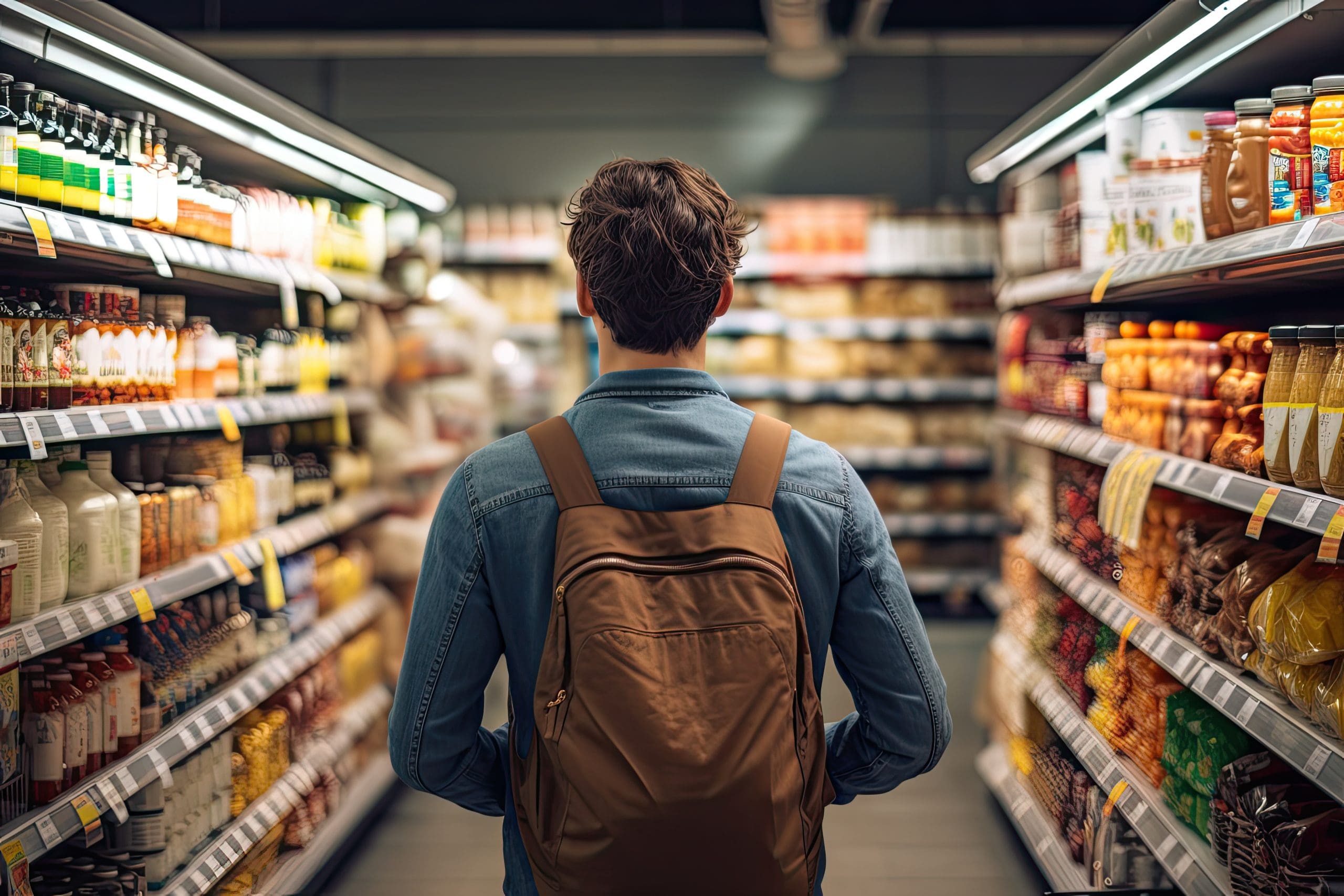 Back view of a young man with a backpack in a supermarket.