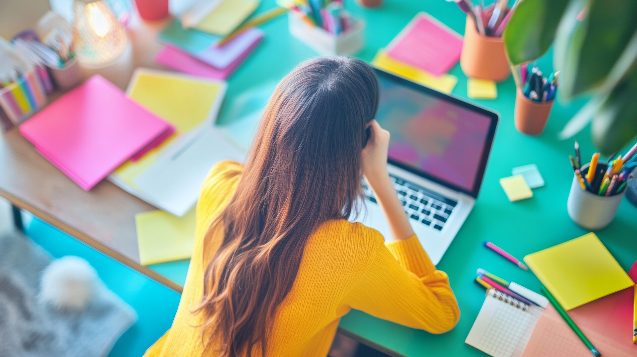 A university student wearing a yellow jumper sits at a cluttered desk, surrounded by colourful revision notes, stationery, and a laptop. She rests her head on her hand, appearing stressed while studying.