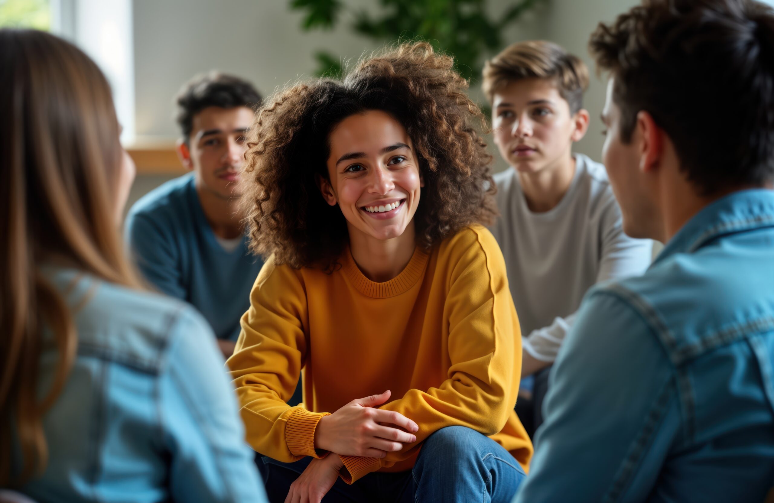 A group of university students sitting in a circle, smiling and talking supportively, representing peer support and mental wellbeing